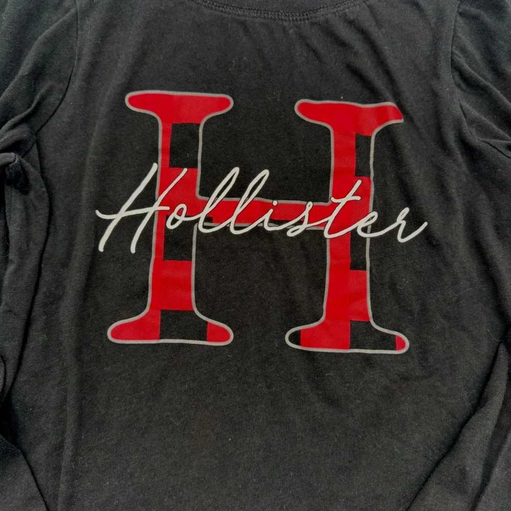 Hollister Womens Black Buffalo Plaid Logo Long Sleeve Sleep Top XXS Pajama Shirt